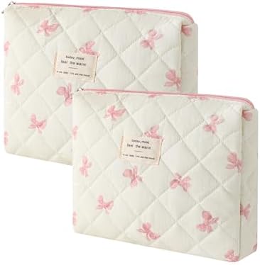 uekeboag Quilted Cotton Makeup Bag 2Pcs Coquette Cosmetic Bag, Large Soft by uekeboag