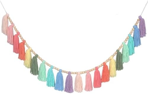 Rainbow Pastel Yarn Wood Bead Tassel Garland Wall Hanging Decor Boho Preppy by WelcometoTasuwat