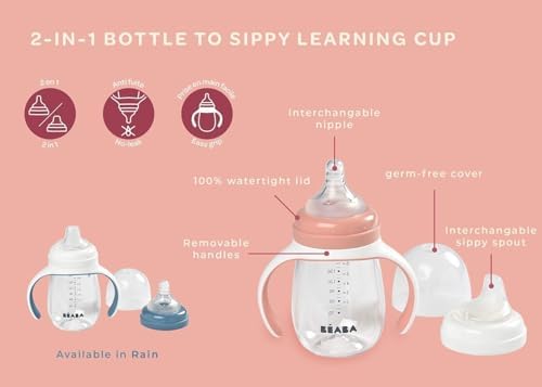 BEABA 2-in-1 Baby Bottle to Transition Sippy Cup, No Spill Sippy Cup, Includes - Image 3