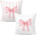 Coquette Pink Bow Striped Pillow Cover 18x18, Girly Ribbon Bow Decorative Throw by Unknown