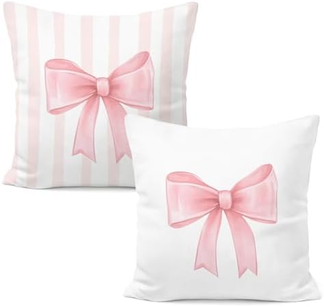 Coquette Pink Bow Striped Pillow Cover 18x18, Girly Ribbon Bow Decorative Throw by Unknown