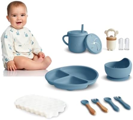 Silicone Baby Feeding Set, Divided Plate, Training Cup, Fruit Feeder & Freezer by Dormlony