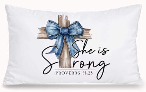 Coquette Blue Bow Cross Christian 12x20 Pillow Cover, Christian Home Decor by Unknown