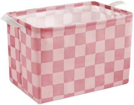 Ohocut Pink Coral Checkered Canvas Basket, Rectangular Organizing Decorative by Ohocut