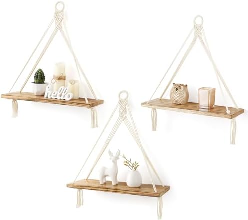 Mkono Macrame Hanging Shelves Boho Wall Decor Set of 3 Floating Wood Shelf by Mkono