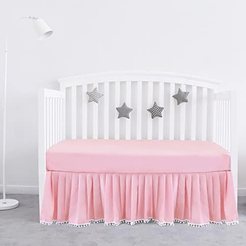 Crib Skirt with Pompoms Pink, Fits Standard Crib by Bilobanbabybedding