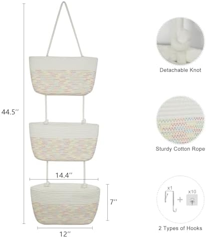 TeoKJ Over the Door Hanging Basket, 3-Tier Woven Cotton Wall-Mounted Storage - Image 5