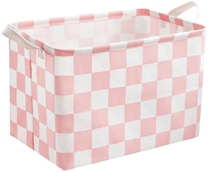 Ohocut Pink White Checkered Canvas Basket, Rectangular Organizing Decorative by Ohocut