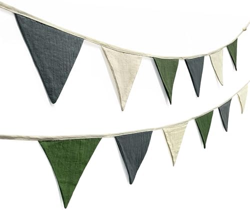 2 Sets of Green Grey Beige Banner Garland 24Pcs Woodland Fabric Linen Pennant - Image 4