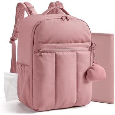 BAGSMART Diaper Backpack with Insulated Pockets & Changing Pad, Dark Pink by BAGSMART