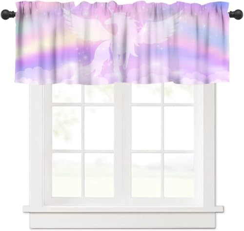 Unicorn Window Valance, Cute Cartoon Wings Fantasy Rainbow Sky Stars Clouds by JanJCurt