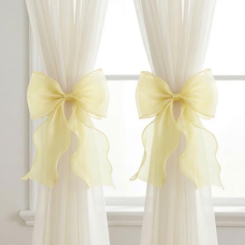 2 Pack French Lace Bow Curtain Tiebacks, Light Yellow by GAJILON
