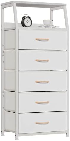 Furnulem White Tall Dresser for Bedroom, 5 Fabric Bins Tall Nightstand by Furnulem