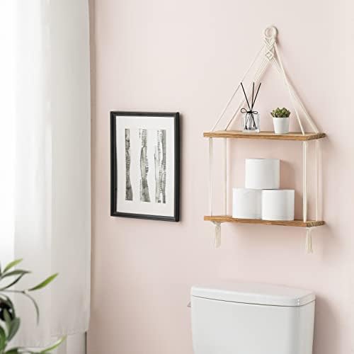 Mkono Macrame Hanging Shelf 2 Tier Boho Wall Room Decor - Image 5