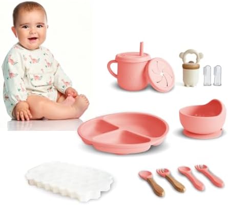 Silicone Baby Feeding Set, Divided Plate, Training Cup, Fruit Feeder & Freezer by Dormlony