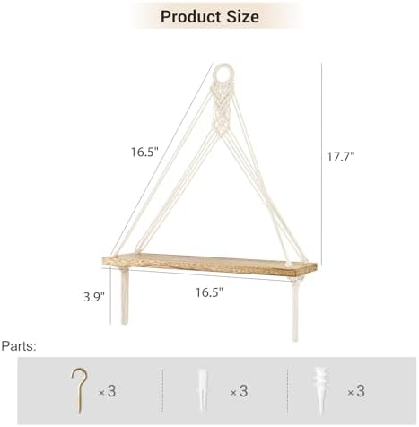 Mkono Macrame Hanging Shelves Boho Wall Decor Set of 3 Floating Wood Shelf - Image 3