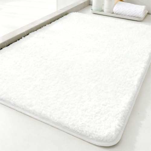 Polyester Bathroom Rug 20"x32" White, Non-Slip Soft Shaggy Bath Mat by Kildoss