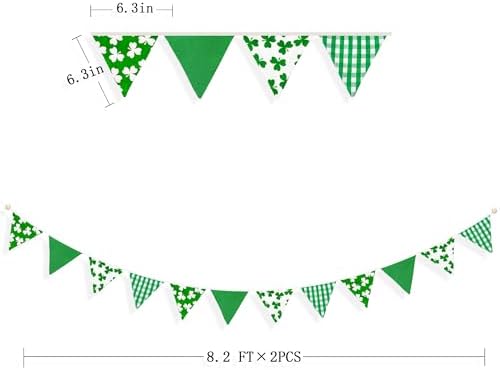 2 Sets of Shamrocks Nursery Garland 20Pcs Green Plaid Clover Pennant Banner - Image 2