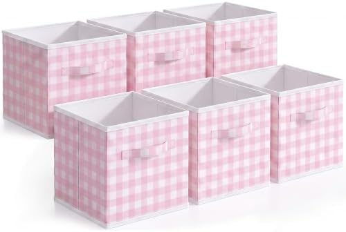 Yalikop 6 Pcs Pink Gingham Cube Storage Bins, 11 Inch Fabric Checkered by Yalikop