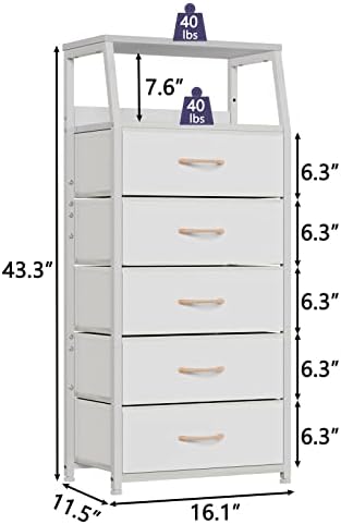 Furnulem White Tall Dresser for Bedroom, 5 Fabric Bins Tall Nightstand - Image 3