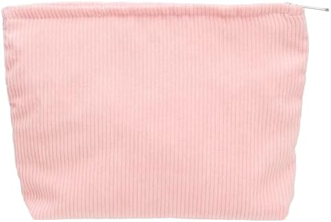 Flat Makeup Bag for Women, Zipper Cosmetic Pouch Purse, Corduroy Cute Pink by PAZIMIIK