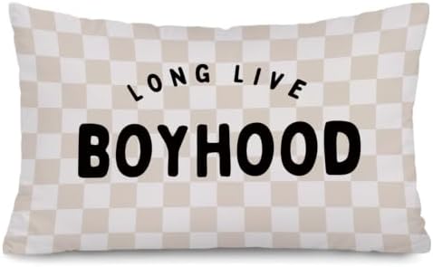 Boys Room Decor 12x20 Pillow Cover, Long Live Boyhood Retro Neutral Checkered by Unknown
