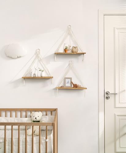 Mkono Macrame Hanging Shelves Boho Wall Decor Set of 3 Floating Wood Shelf - Image 5