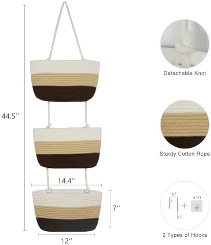 TeoKJ Over the Door Hanging Basket, 3-Tier Woven Cotton Wall-Mounted Storage - Image 5