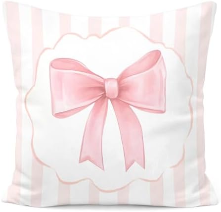 Coquette Pink Bow Pillow Covers 18x18, Coquette Room Decor, Blush Pink Striped by Unknown