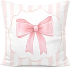 Coquette Pink Bow Pillow Covers 18x18, Coquette Room Decor, Blush Pink Striped by Unknown
