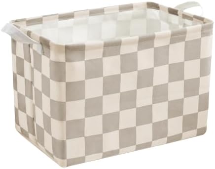 Ohocut Beige Khaki Checkered Canvas Basket, Rectangular Organizing Decorative by Ohocut