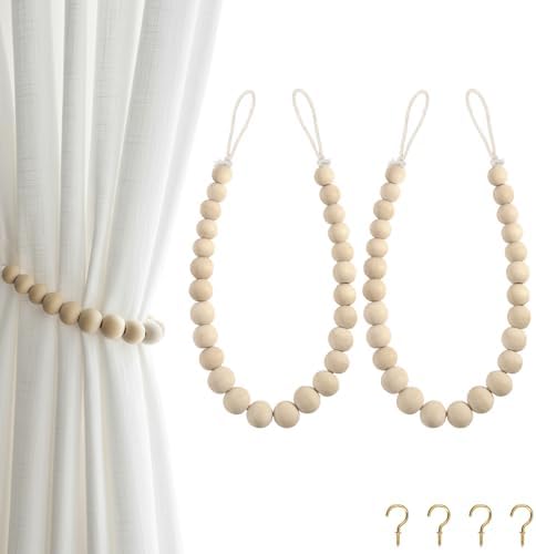 Hion 2-Pack Curtain Tiebacks, Curtain Holdbacks, Boho Wood Bead Tie Backs by Hion