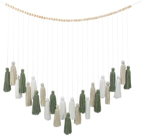 DrCor Sage Green Boho Tassel Garland Wall Hanging Decor by DrCorDreamingDecor