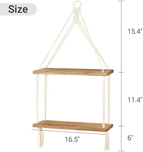 Mkono Macrame Hanging Shelf 2 Tier Boho Wall Room Decor - Image 3