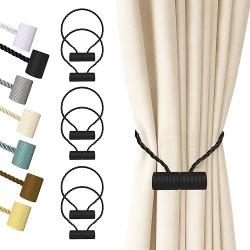 Hion Magnetic Curtain Tiebacks Black 6pcs, Curtain Holdbacks Hooks Holders by Hion