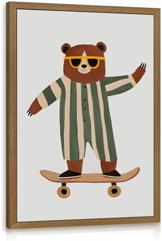 Grajoy Wood Framed Funny Modern Cool Skateboard Bear Wall Art 16x24 Inch by Unknown