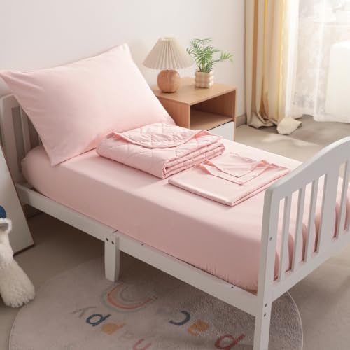 BEDSUM 4pc Toddler Cooling Bedding Set, Rayon Made from Bamboo, Light Pink - Image 6