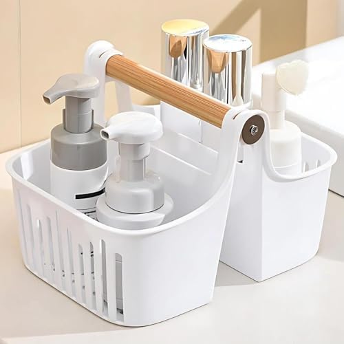 Portable Shower Caddy with Bamboo Handle-Divided Organizer Basket by Boxonly