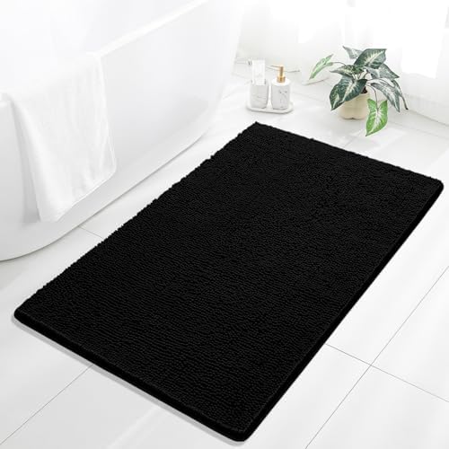 Chenille Bathroom Rug 36"x60" Black, Large Plush Bath Mat by Kildoss