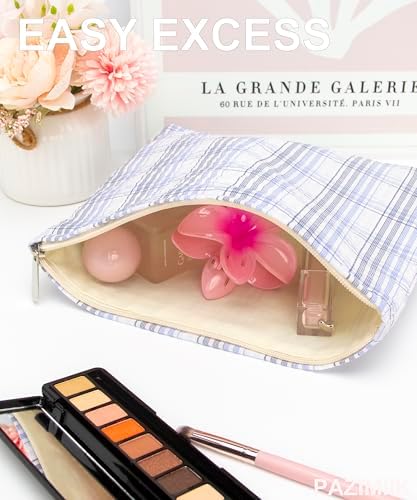 Flat Makeup Bag for Women, Zipper Cosmetic Pouch for Purse, Plaid Sky Blue - Image 2