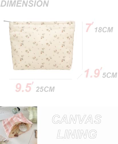 Flat Makeup Bag for Women, Zipper Cosmetic Pouch for Purse, Flower Beige - Image 4