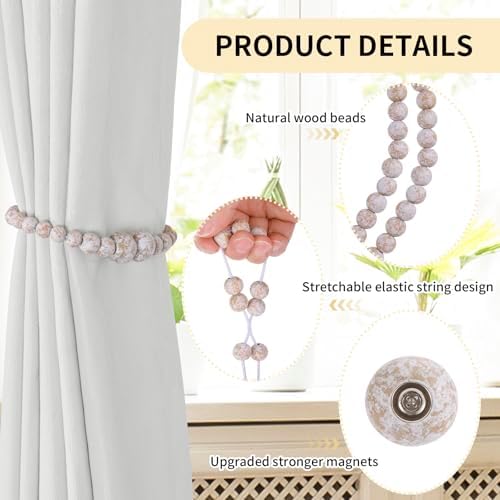 KLOGTSIND Magnetic Curtain Tiebacks, 4 Pack Wood Bead Curtain Holdbacks - Image 5