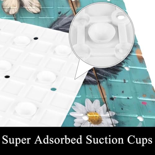 Shower Mat Non Slip 26.8 x 15.1 Inches, Cow Daisy on Teal Plank Bathtub Mat - Image 3