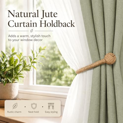 Hand Woven Jute Curtain Holdbacks, Wall Mounted Hooks 2 Pack - Image 3