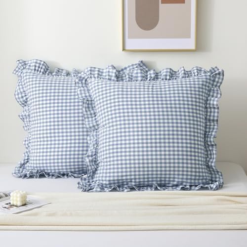 2 Pack Dust Blue Gingham Ruffle Throw Pillow Covers 22''x22'' - Image 7