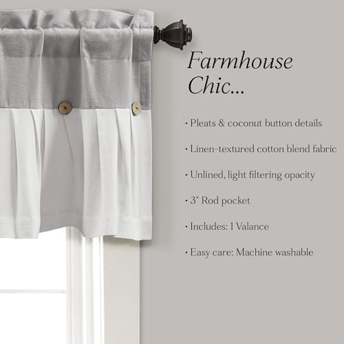 Lush Decor Linen Button Farmhouse Valance Curtians 84"W x 18"L Gray & Off White - Image 6