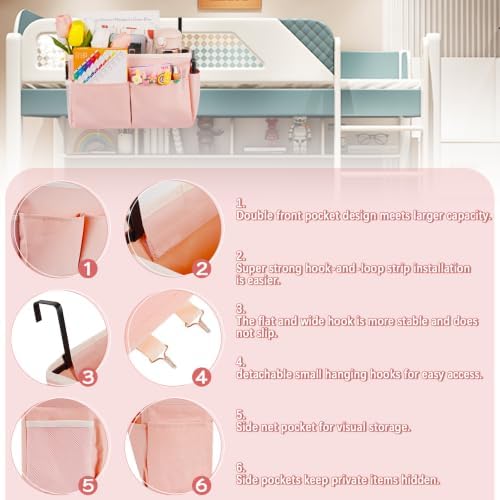 Bedside Caddy Organizer 5 Pockets 4 Hooks Bunk Bed 2Pack Pink - Image 6