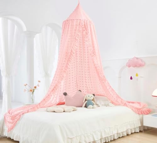 Mengesi Bed Canopy with Pom Pom- Lace Chiffon Canopy Bed Curtains, Ruffles - Image 3