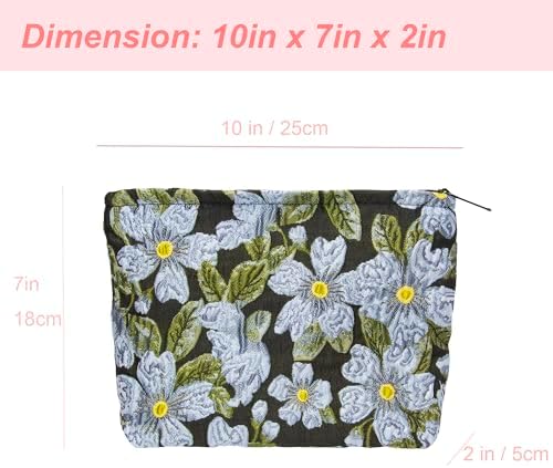 Flat Makeup Bag for Women, Zipper Cosmetic Pouch Purse, Brocade Flower Black - Image 4