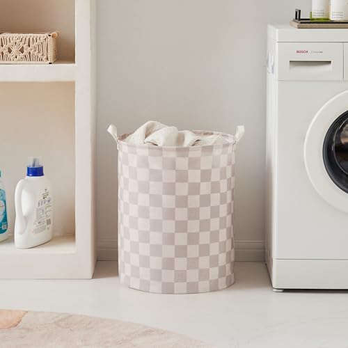 Ohocut Beige Khaki Checkered Laundry Basket, Collapsible Aesthetic Cute Canvas - Image 3